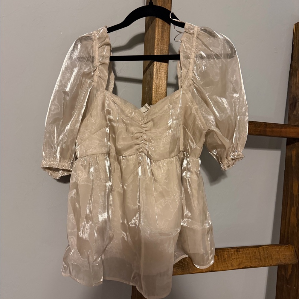 Altard State Sheer Puff Sleeve Peplum Top in Light Beige